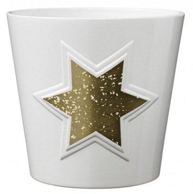 White Ceramic Gold Star Design Indoor Plant Pot. H13 cm