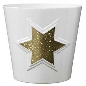 White Ceramic Gold Star Design Indoor Plant Pot. H13 cm