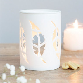 White Ceramic Oil Burner and Wax Melter. Cut-out Feather Design (Dia) 9 cm