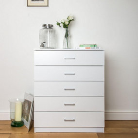 White Chest of 5 Drawers Wood With Anti Bowing  Support 90 x 75 x 36 cm