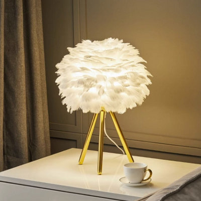 White Chic LED Feather Bedroom Bedside Table Lamp with Gold Tripod Legs 30cm x 45cm