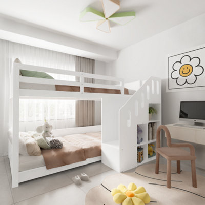 White Children's Bunk Bed with Storage Stairs - Space-Saving 3ft Single ...