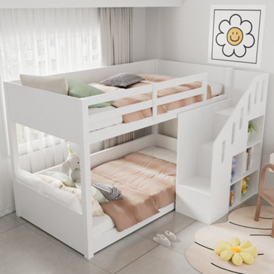 White Children's Bunk Bed with Storage Stairs - Space-Saving 3ft Single ...