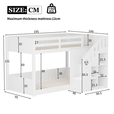 White Children's Bunk Bed with Storage Stairs - Space-Saving 3ft Single ...