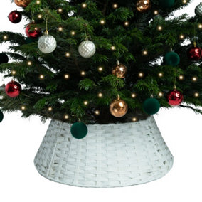 White Christmas Tree Skirt Large Diameter, Rattan/Wicker Effect Xmas Tree Base Cover - Large White