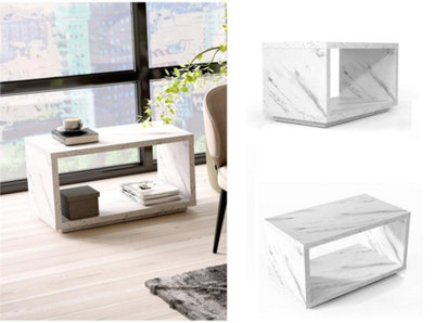 White Coffee Table Small Marble Effect Modern Compact Storage Table  - Cari