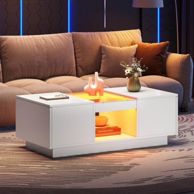 White Coffee Tables with LED RGB Lights, 2 Drawer Storage and Shelf, 100x50x35.5cm