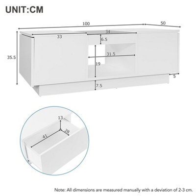 White Coffee Tables with LED RGB Lights, 2 Drawer Storage and Shelf, 100x50x35.5cm