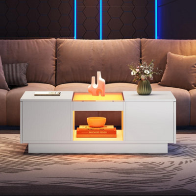 White Coffee Tables with LED RGB Lights, 2 Drawer Storage and Shelf, 100x50x35.5cm