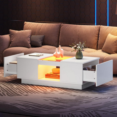 White Coffee Tables with LED RGB Lights, 2 Drawer Storage and Shelf, 100x50x35.5cm