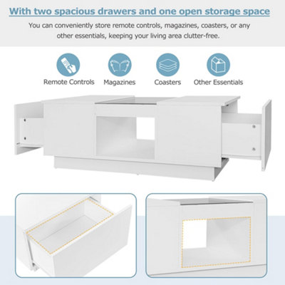 White Coffee Tables with LED RGB Lights, 2 Drawer Storage and Shelf, 100x50x35.5cm