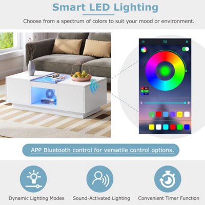 White Coffee Tables with LED RGB Lights, 2 Drawer Storage and Shelf, 100x50x35.5cm