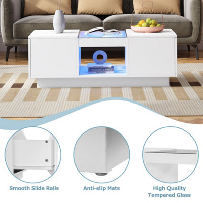 White Coffee Tables with LED RGB Lights, 2 Drawer Storage and Shelf, 100x50x35.5cm