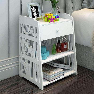 White Compact Bedside Table / Nightstand with Drawer & 2 Shelves - Waterproof PVC Storage