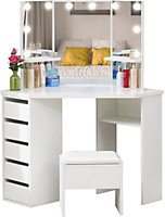 White Corner Dressing Table with 3 Mirrors Stool LED Bulbs 5 Drawers  Makeup Vanity Table Bedroom Furniture