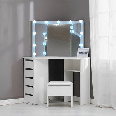 Modern White Extendable Makeup Vanity 5 Drawers Dressing Table Set with  Stool and Mirror