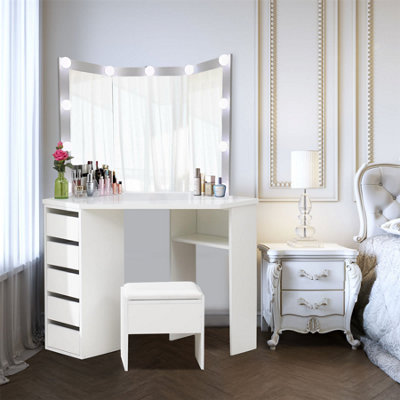 White Corner Dressing Table with 3 Mirrors Stool LED Bulbs 5 Drawers Makeup Vanity Table Bedroom