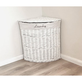 White Corner Wicker Laundry Basket with Cotton Lining Large 62 x 46 x 60 cm