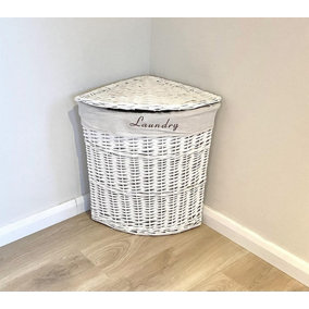 White Corner Wicker Laundry Basket with Cotton Lining Medium 48x37x52cm