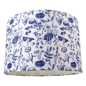 White Cotton 12 Drum Lamp Shade with Blue Floral Decoration and Inner Lining