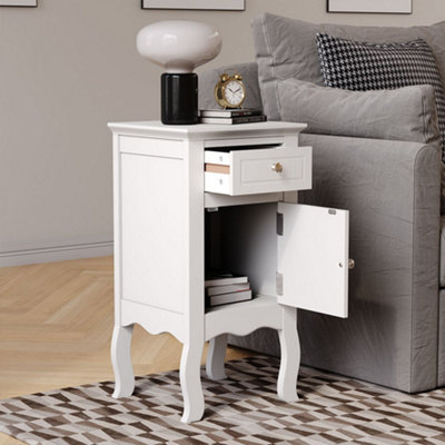 White Country Style Wooden Night Stand Table with Drawer and Door