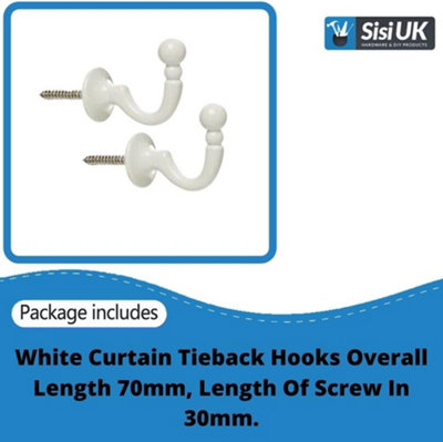 White Curtain Tassel Hooks Ball End Curtain Drape Tassel Screw in Hooks U Shaped Curtain Tie Curtains Clothes Coat Hooks x 4