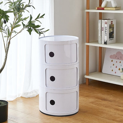 White Cylindrical Multi Tiered Plastic Bedside Storage Drawers Unit ...