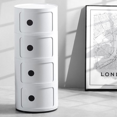 White Cylindrical Multi Tiered Plastic Bedside Storage Drawers Unit ...