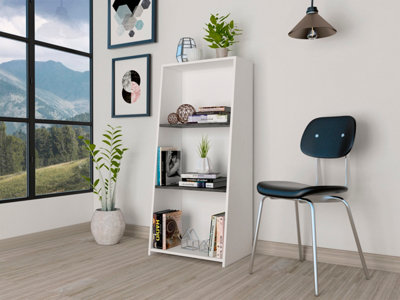 White Dallas low bookcase with 3 shelves, white & carbon grey oak effect