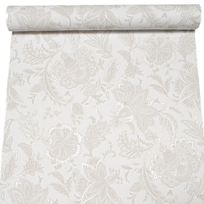 White Damask Wallpaper Floral Beige Silver Shimmer Smooth Vinyl