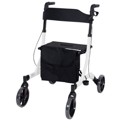 White Deluxe Ultra Lightweight Aluminium 4 Wheeled Rollator Foldable Walking Aid