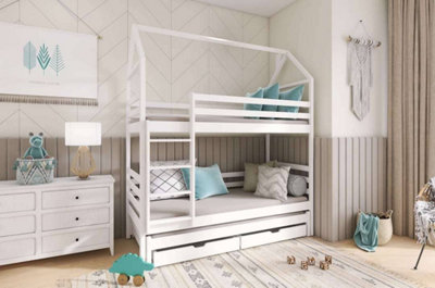 White Dhalia Bunk Bed with Trundle & Foam Bonnell Mattresses - Chic & Practical (H2170mm W1980mm D980mm)