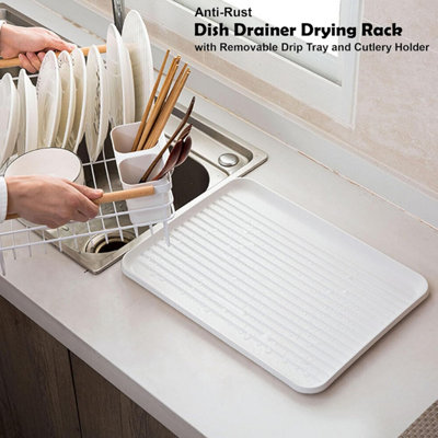 WHITE DISH RACK DRAINER WITH DRIP TRAY, SINGLE-TIER KITCHEN DRYING RACK ...