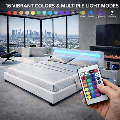 White Double 4ft6 LED Faux Leather LED Upholstered Bed Frame