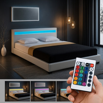 White Double 4ft6 LED Faux Leather LED Upholstered Bed Frame