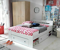 White Double Bed Frame Storage Drawers Euro Headboard Solid Slats Shelves Nepo