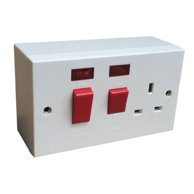 White Double Cooker Switch Socket Unit and Pattress Box, 45 Amp Double Pole Neon