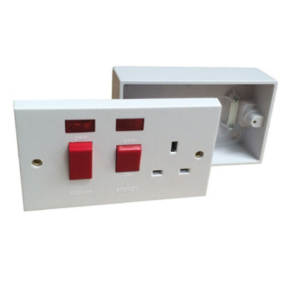 White Double Cooker Switch Socket Unit and Pattress Box, 45 Amp Double Pole Neon