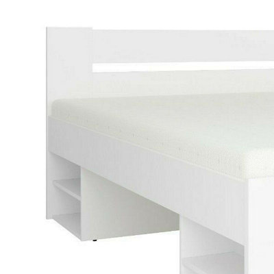 White Double European Bed Frame Headboard Storage Shelves Solid Wood Slats Nepo