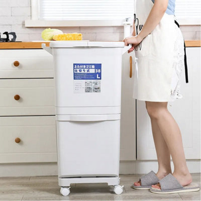 White Double Layer Three Compartment Trash Can with Wheels 38L