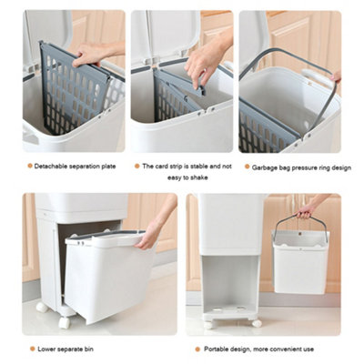 White Double Layer Three Compartment Trash Can with Wheels 38L
