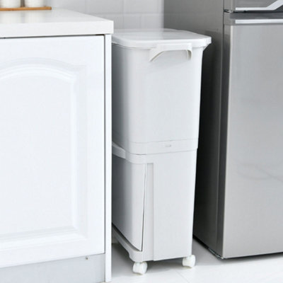 White Double Layer Three Compartment Trash Can with Wheels 38L