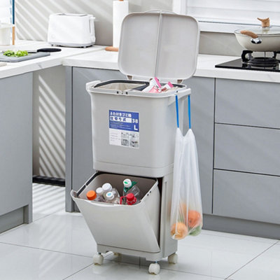 White Double Layer Three Compartment Trash Can with Wheels 38L