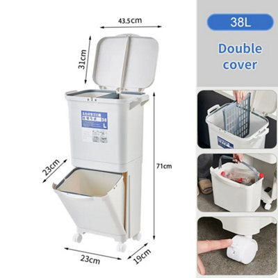 White Double Layer Three Compartment Trash Can with Wheels 38L