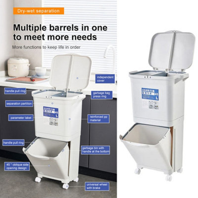 White Double-Layer Three-Compartment Trash Can with Wheels
