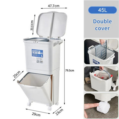 White Double-Layer Three-Compartment Trash Can with Wheels