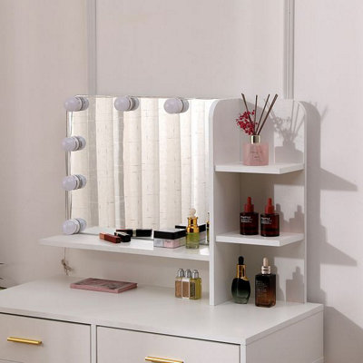 White Dressing Table Gold Legs Female Vanity Desk with LED Lights, Make Up  Desk