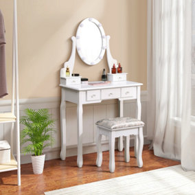 White Dressing Table Makeup Vanity Desk with LED Light Adjustable Mirror 5 Drawers and Stool