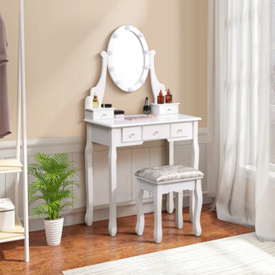 White Dressing Table Makeup Vanity Desk with LED Light Adjustable Mirror 5 Drawers and Upholstered Stool