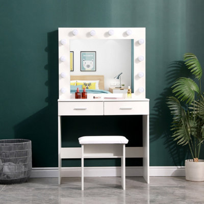White Dressing Table Set with Hollywood LED Lighted Mirror, Vanity Makeup Table 2 Large Drawers and Stool